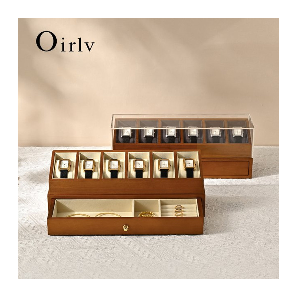 Oirlv Uhrenbox aus Holz für 6 Uhren, doppellagiger Schmuck-Organizer mit transparenter Abdeckung, beige und nussbaumfarben - Bild 1
