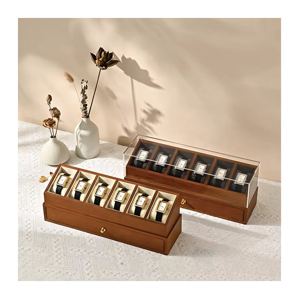 Oirlv Uhrenbox aus Holz für 6 Uhren, doppellagiger Schmuck-Organizer mit transparenter Abdeckung, beige und nussbaumfarben - Bild 2