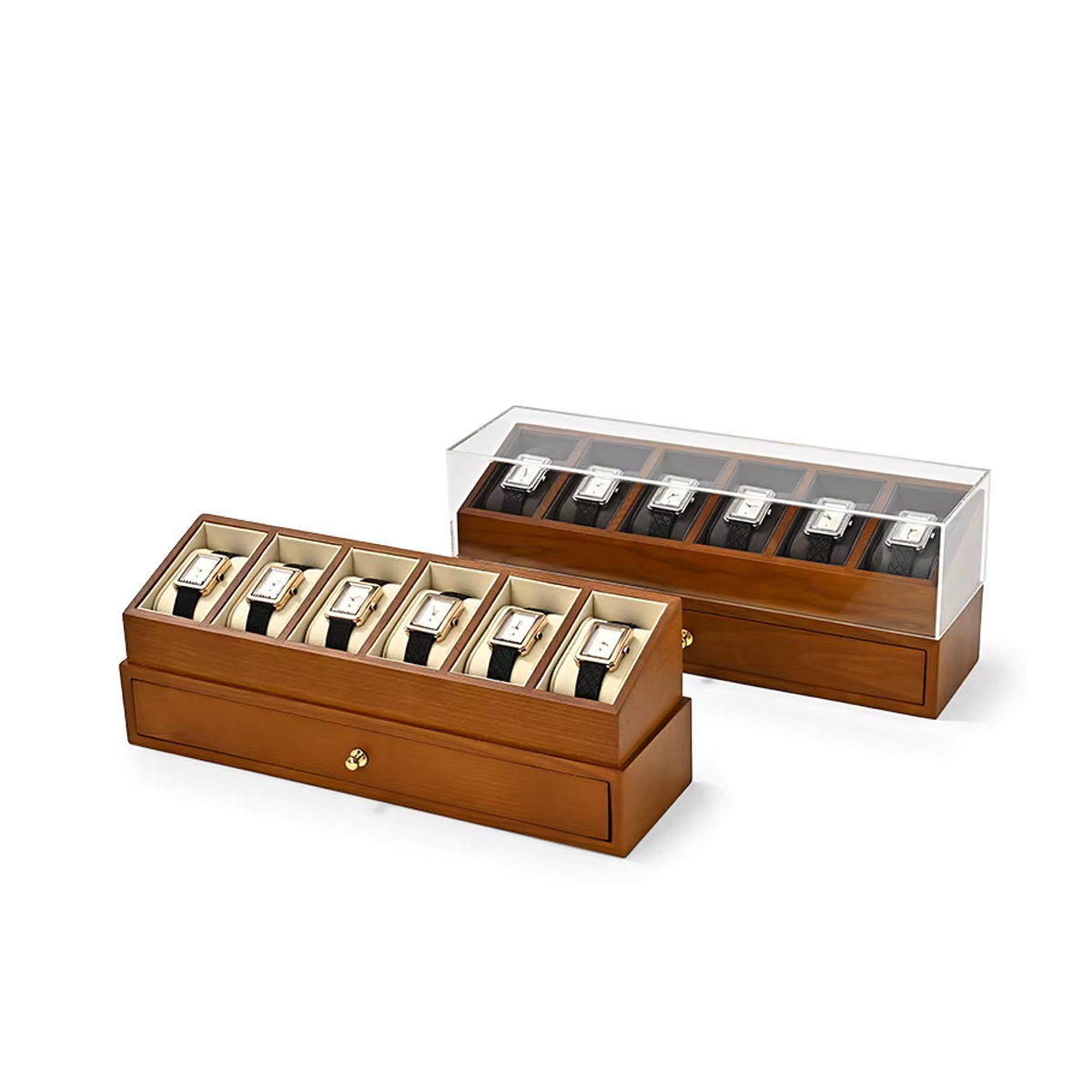 Oirlv Uhrenbox aus Holz für 6 Uhren, doppellagiger Schmuck-Organizer mit transparenter Abdeckung, beige und nussbaumfarben - Bild 3