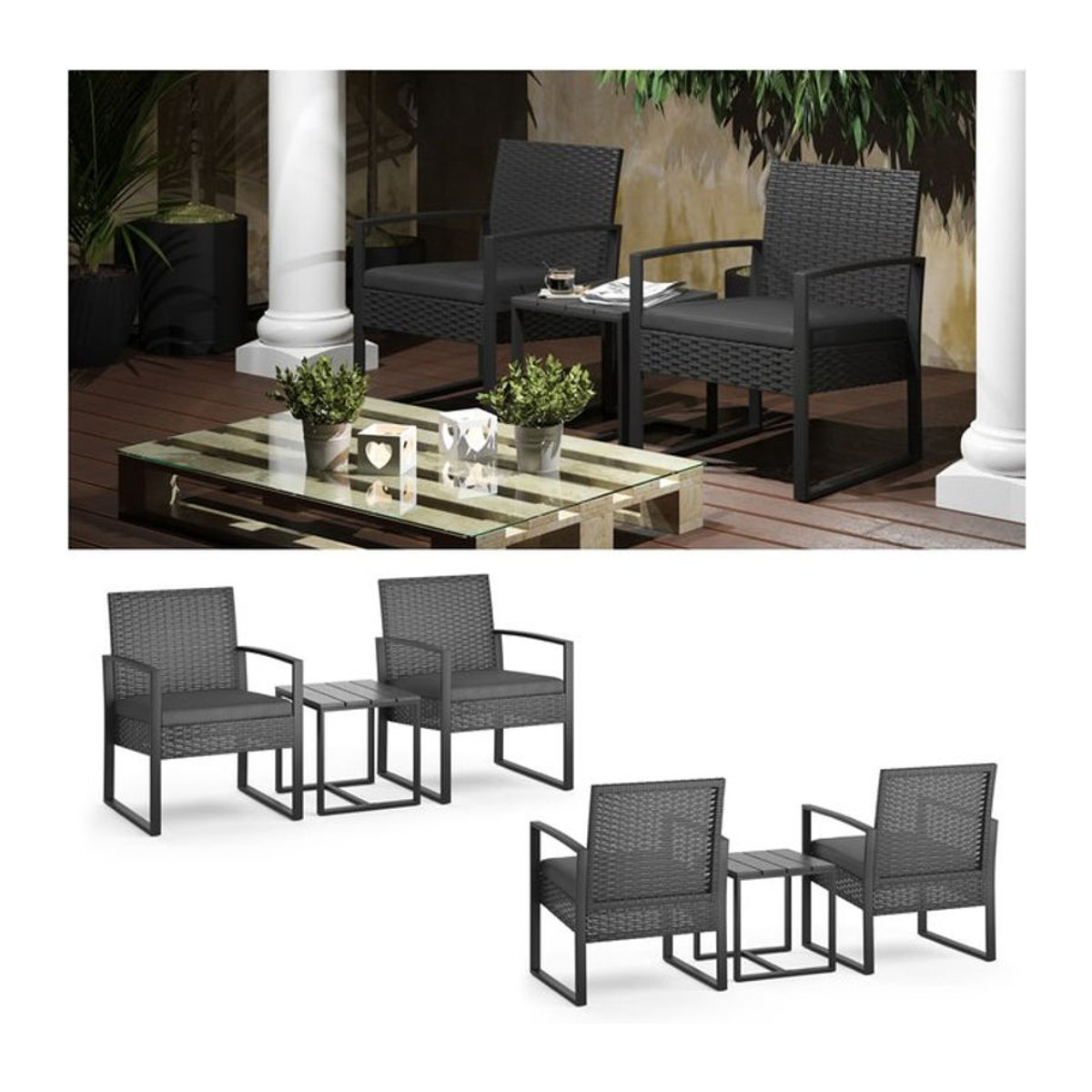 OK-Living Gartenmöbel-Set aus modernem Polyrattan in Anthrazit mit Tisch und Stühlen - Bild 1