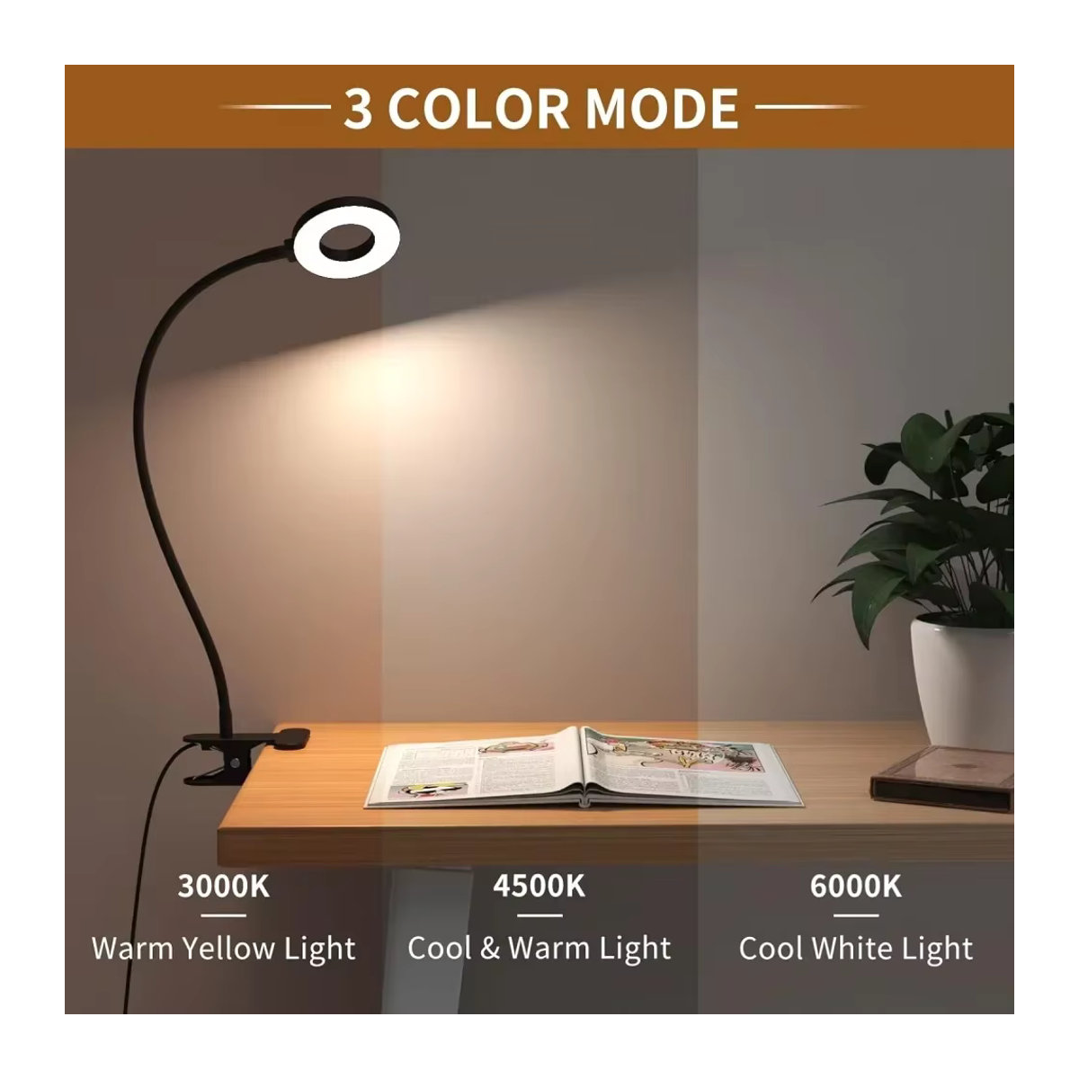 OKAL RED EAST LED Leseleuchte mit Klemmvorrichtung in Schwarz mit 3 Lichtmodi und 10 Helligkeitsstufen sowie flexiblem Schwanenhals - Bild 2