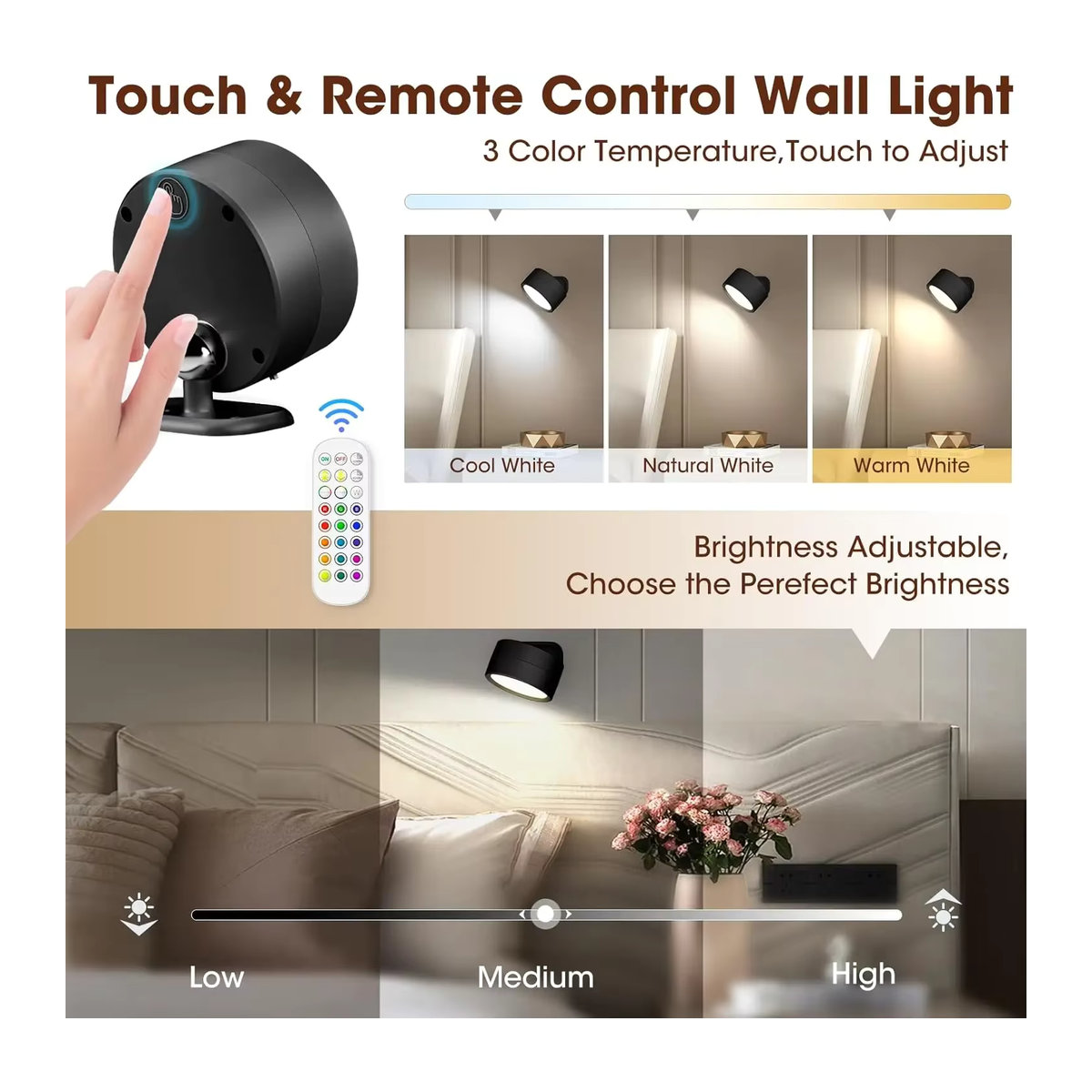 OKAL RED EAST LED Wandleuchte Schwarz mit Fernbedienung und dimmbarer Helligkeit, kabellos und USB-betrieben, minimalistisches Design - Bild 3