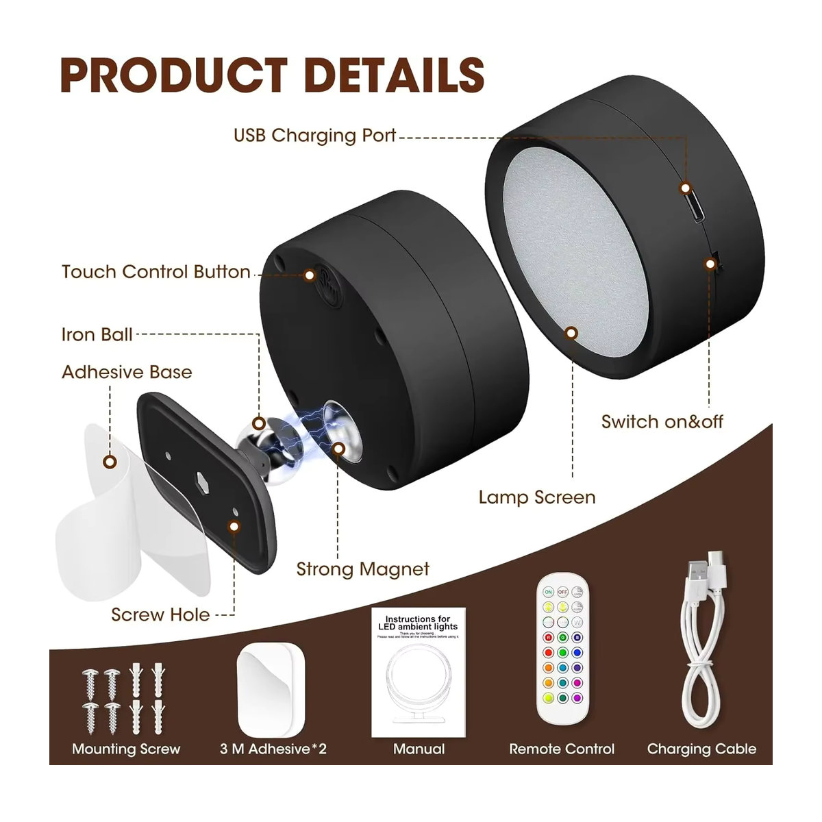 OKAL RED EAST LED Wandleuchte Schwarz mit Fernbedienung und dimmbarer Helligkeit, kabellos und USB-betrieben, minimalistisches Design - Bild 5