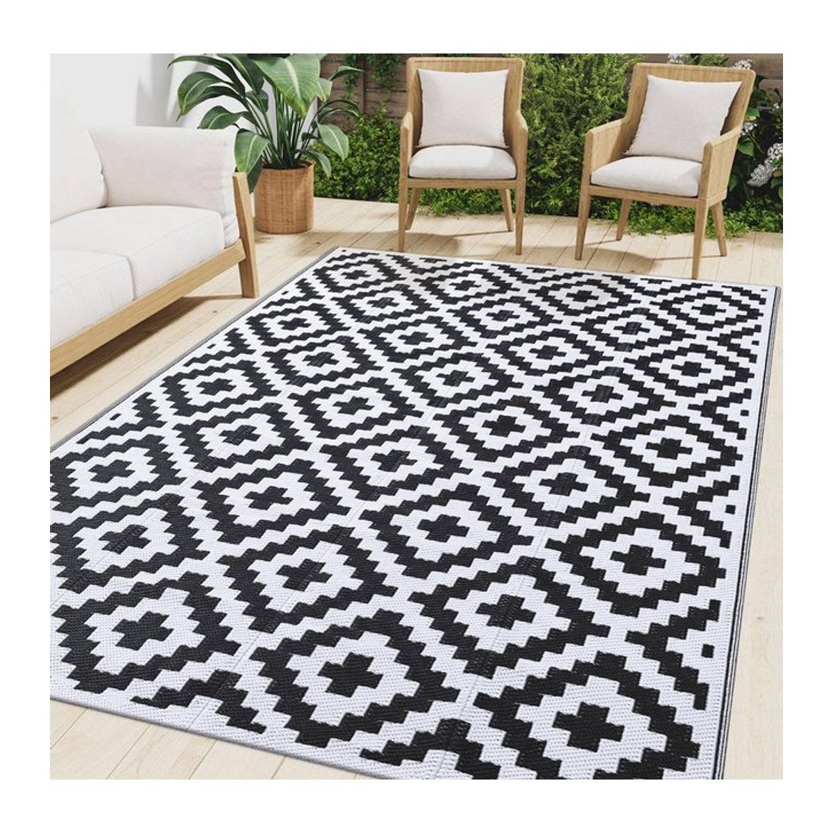 Olanly Outdoor-Teppich wendbar in Schwarz/Weiß mit geometrischem Design aus Kunststoff für Terrasse und Camping - Bild 1