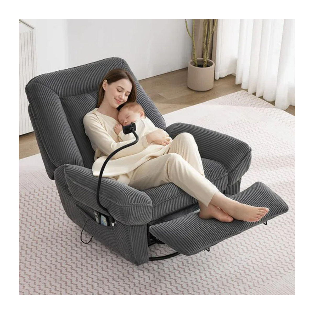 OLOEY Relaxsessel Grau aus Stoff mit elektrisch verstellbarer Massage- und Heizfunktion, 360 Grad drehbar, USB-Anschluss und Handyhalter - Bild 1
