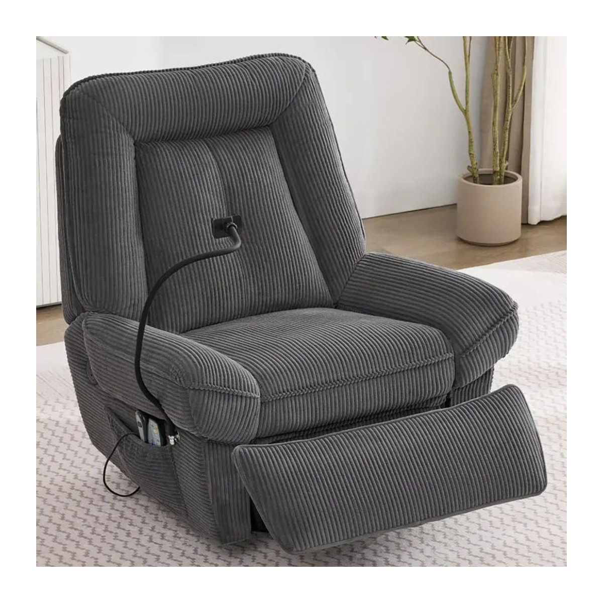 OLOEY Relaxsessel Grau aus Stoff mit elektrisch verstellbarer Massage- und Heizfunktion, 360 Grad drehbar, USB-Anschluss und Handyhalter - Bild 3