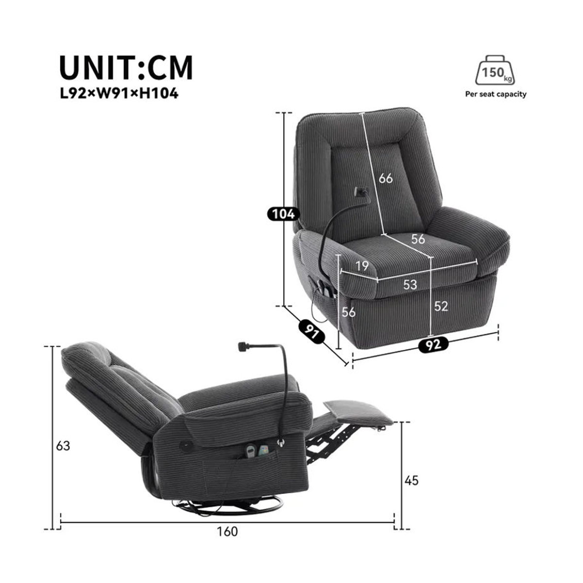 OLOEY Relaxsessel Grau aus Stoff mit elektrisch verstellbarer Massage- und Heizfunktion, 360 Grad drehbar, USB-Anschluss und Handyhalter - Bild 4