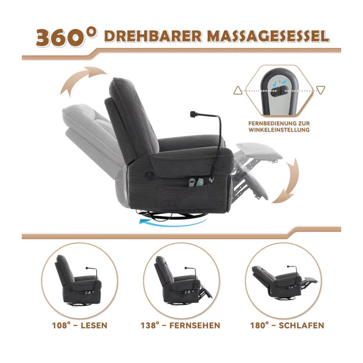 OLOEY Relaxsessel Grau aus Stoff mit elektrisch verstellbarer Massage- und Heizfunktion, 360 Grad drehbar, USB-Anschluss und Handyhalter - Bild 5