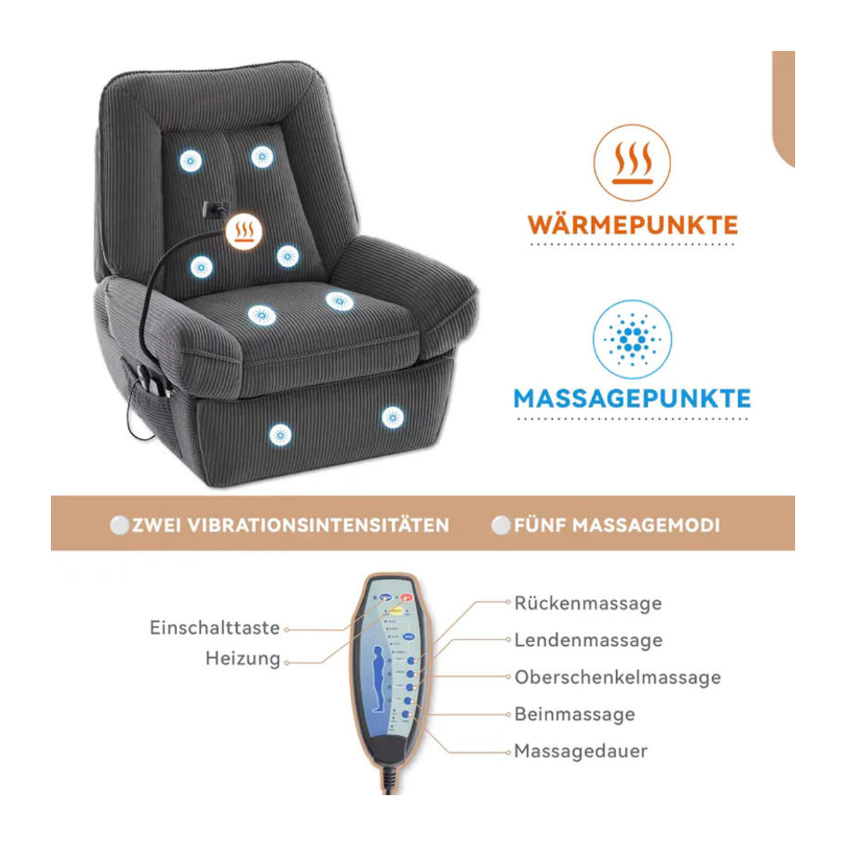 OLOEY Relaxsessel Grau aus Stoff mit elektrisch verstellbarer Massage- und Heizfunktion, 360 Grad drehbar, USB-Anschluss und Handyhalter - Bild 6
