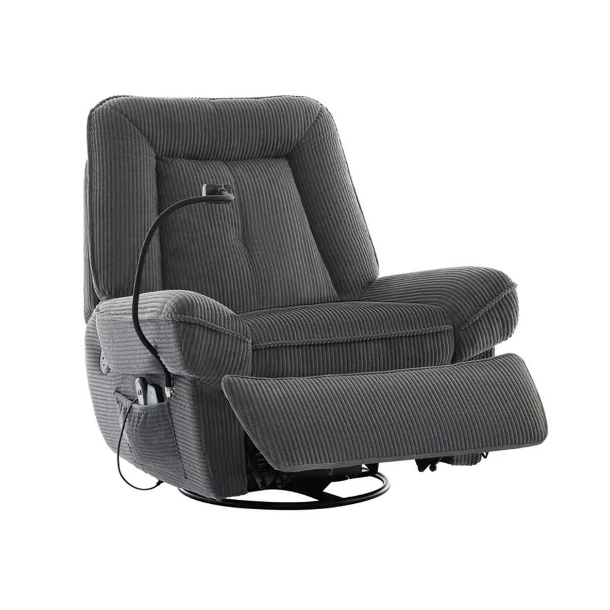 OLOEY Relaxsessel Grau aus Stoff mit elektrisch verstellbarer Massage- und Heizfunktion, 360 Grad drehbar, USB-Anschluss und Handyhalter - Bild 7