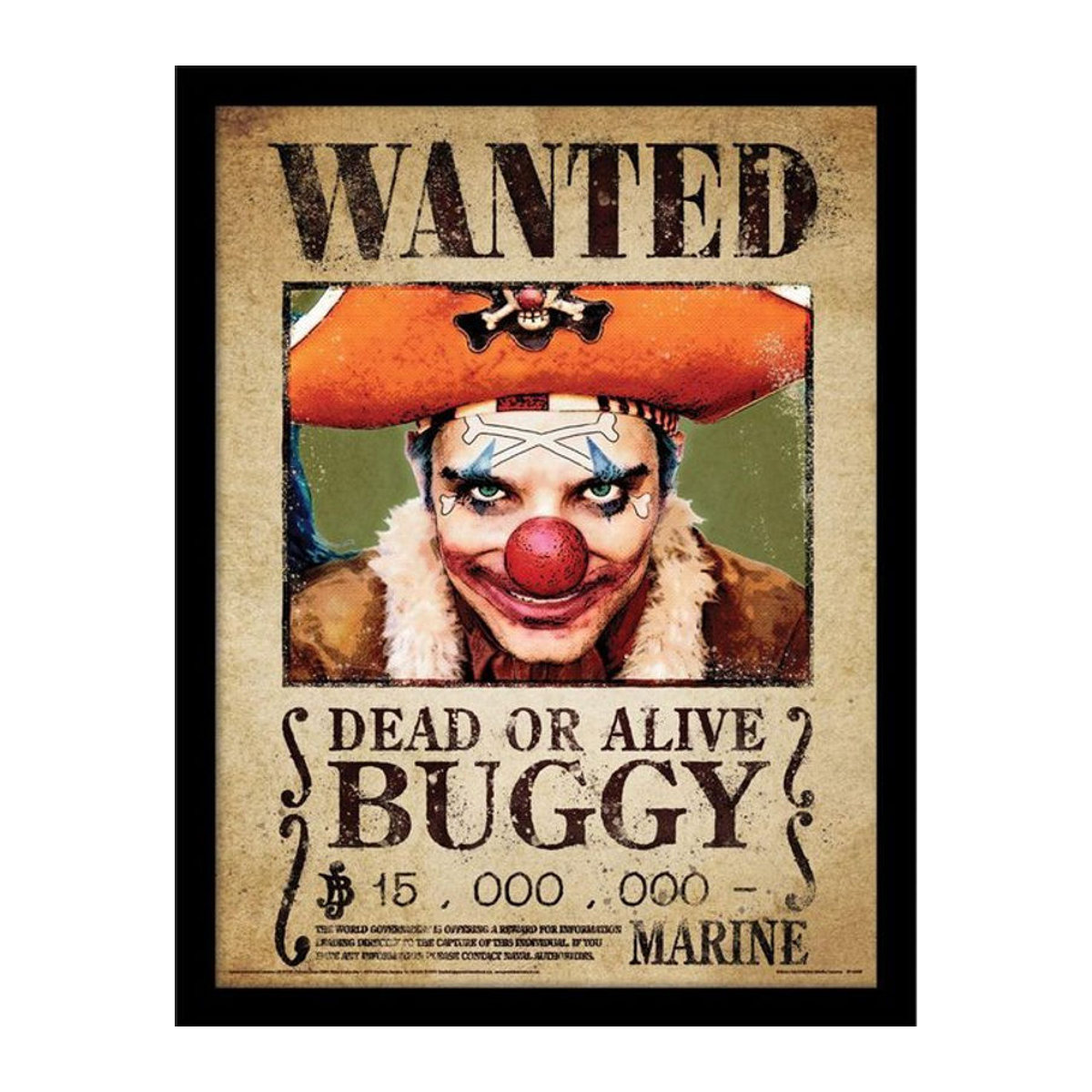 One Piece Live Action Buggy der Clown Wanted Poster gerahmtes Wandbild in Schwarz und Beige, Breite: 40 cm, Höhe: 40 cm - Bild 1