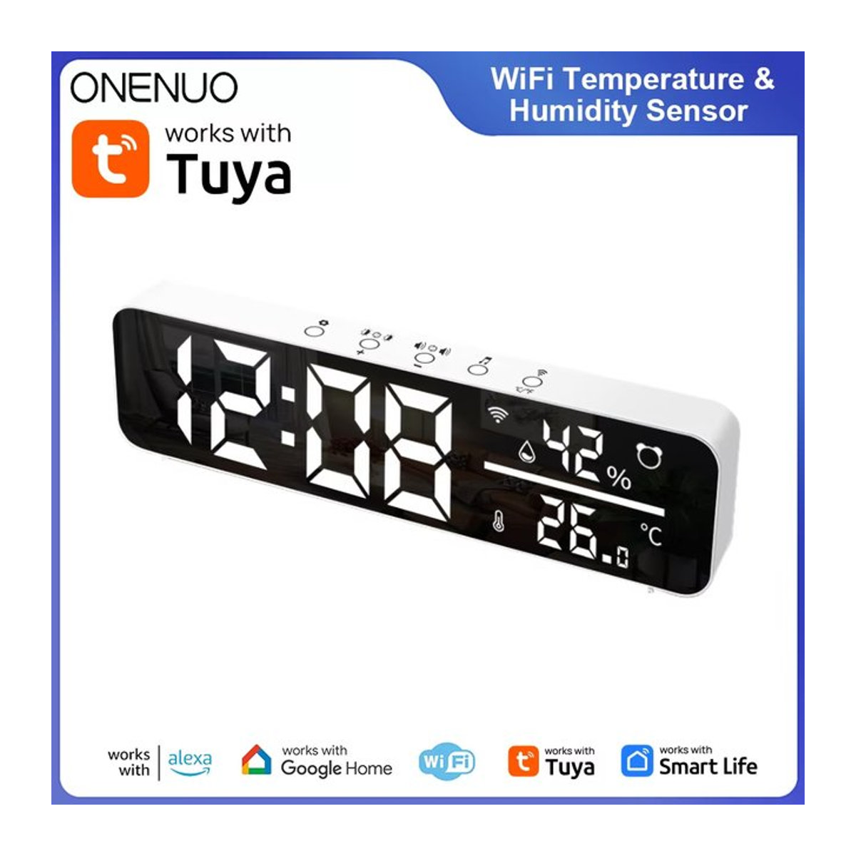 ONENUO Tuya WiFi Spiegel LED Wecker mit Temperatur- und Feuchtigkeitssensor, Weiß - Bild 1
