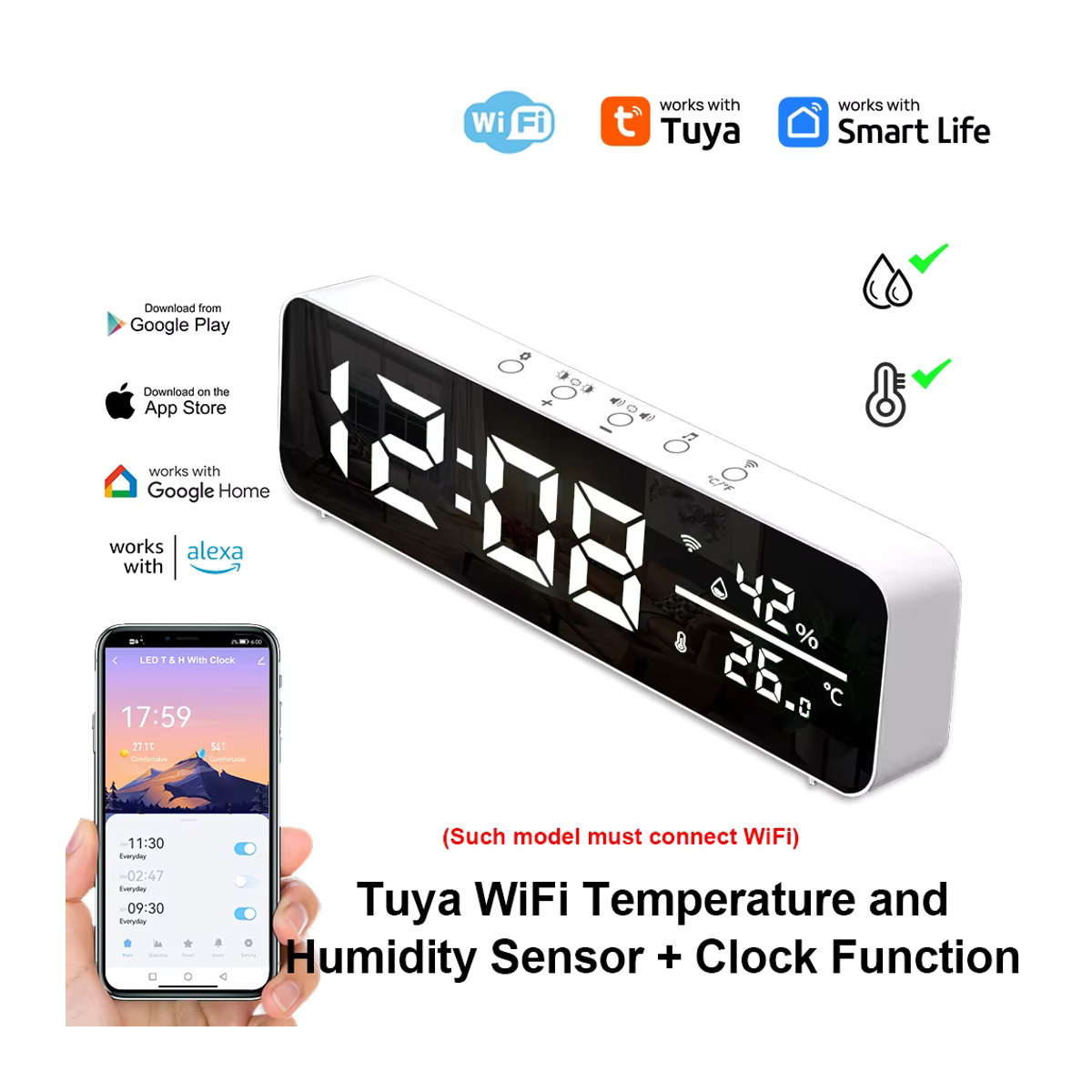ONENUO Tuya WiFi Spiegel LED Wecker mit Temperatur- und Feuchtigkeitssensor, Weiß - Bild 2
