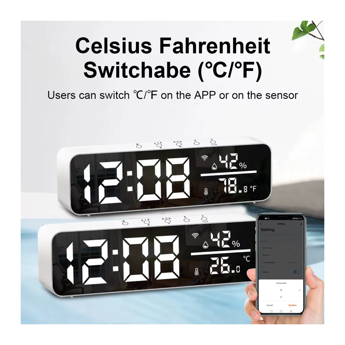 ONENUO Tuya WiFi Spiegel LED Wecker mit Temperatur- und Feuchtigkeitssensor, Weiß - Bild 5