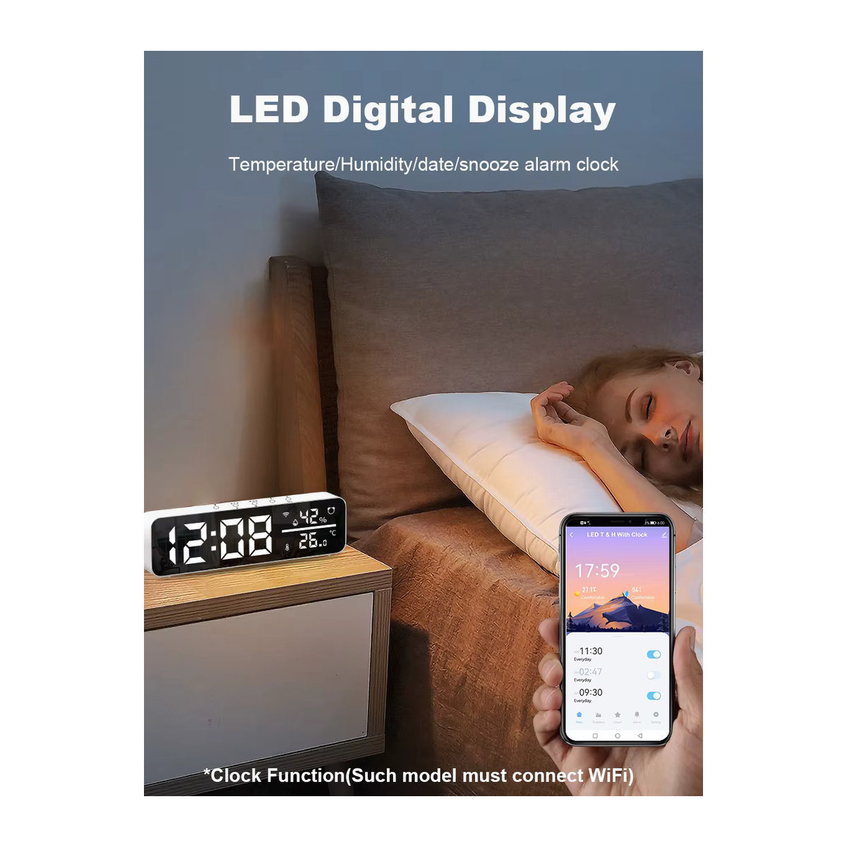 ONENUO Tuya WiFi Spiegel LED Wecker mit Temperatur- und Feuchtigkeitssensor, Weiß - Bild 7