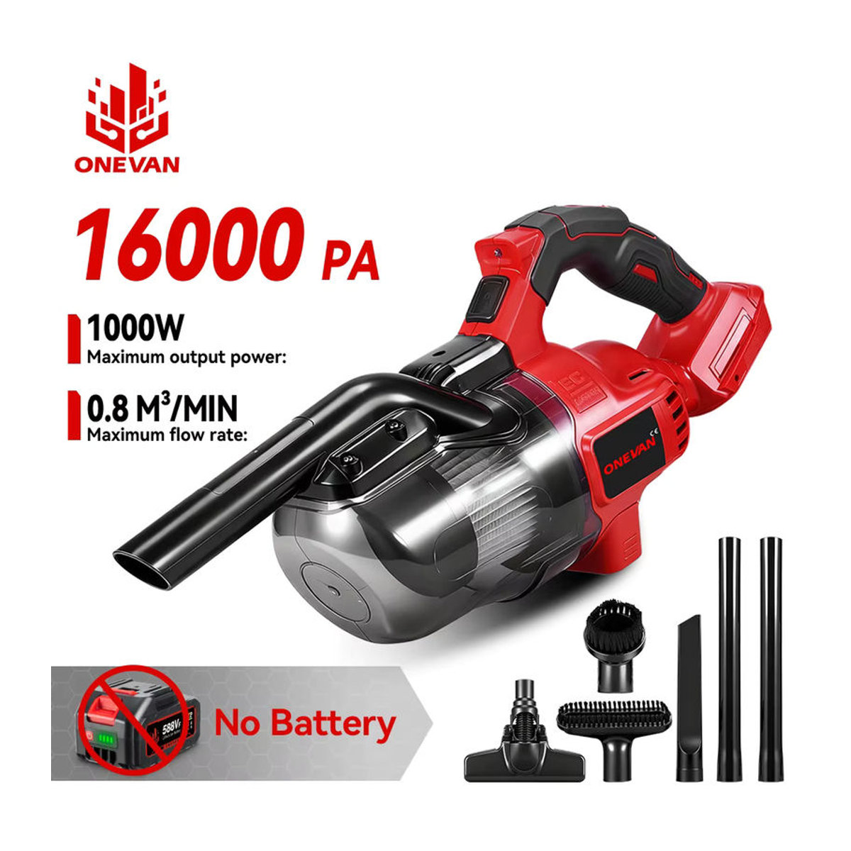 ONEVAN Akku Handstaubsauger Rot, kabelloser Multifunktions-Staubsauger für Makita 18V Akkus mit 16000PA Saugkraft - Bild 6