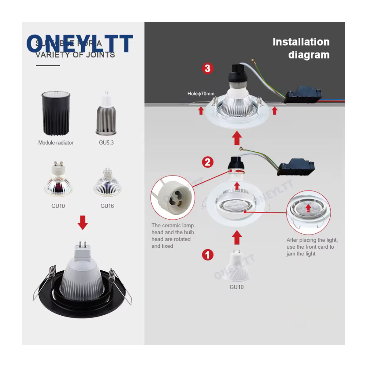 ONEYLTT LED-Einbaustrahler aus Aluminium mit Rahmen für GU10 Glühbirnen, verstellbares Downlight in Weiß oder Schwarz, Ausschnitt 70 mm - Bild 6