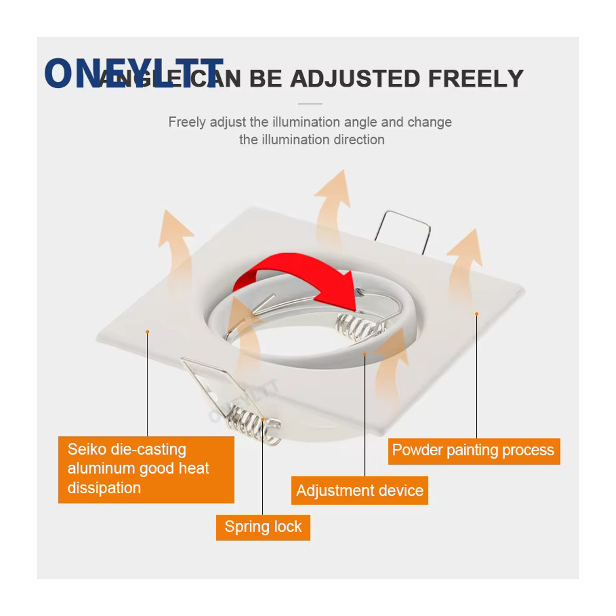 ONEYLTT Quadratische LED-Deckeneinbauleuchte in Weiß, verstellbarer Einbaustrahler aus Aluminium mit GU10 Fassung - Bild 2