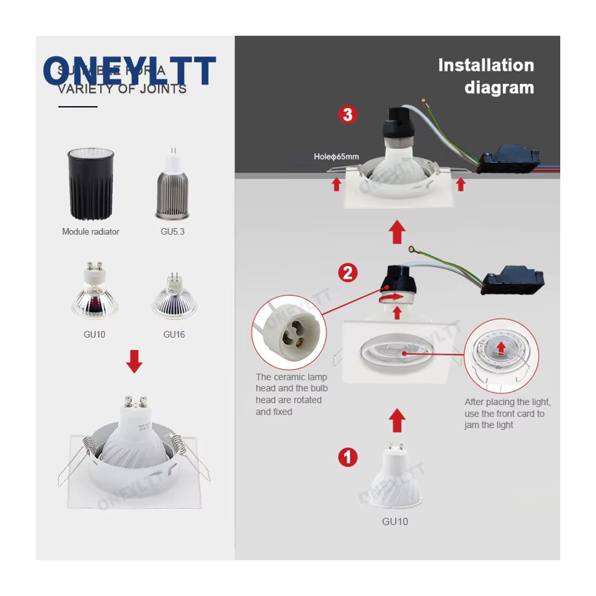 ONEYLTT Quadratische LED-Deckeneinbauleuchte in Weiß, verstellbarer Einbaustrahler aus Aluminium mit GU10 Fassung - Bild 4