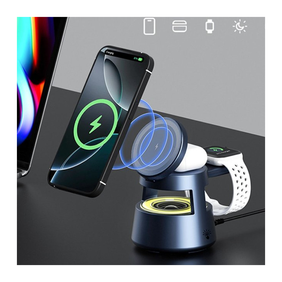 Opansten 5-in-1 Magnetisches Nachtlicht in Schwarz mit Bluetooth-Lautsprecher und kabellosem Ladegerät für iPhone, Apple Watch und AirPods im minimalistischen Zylinder-Design - Bild 1