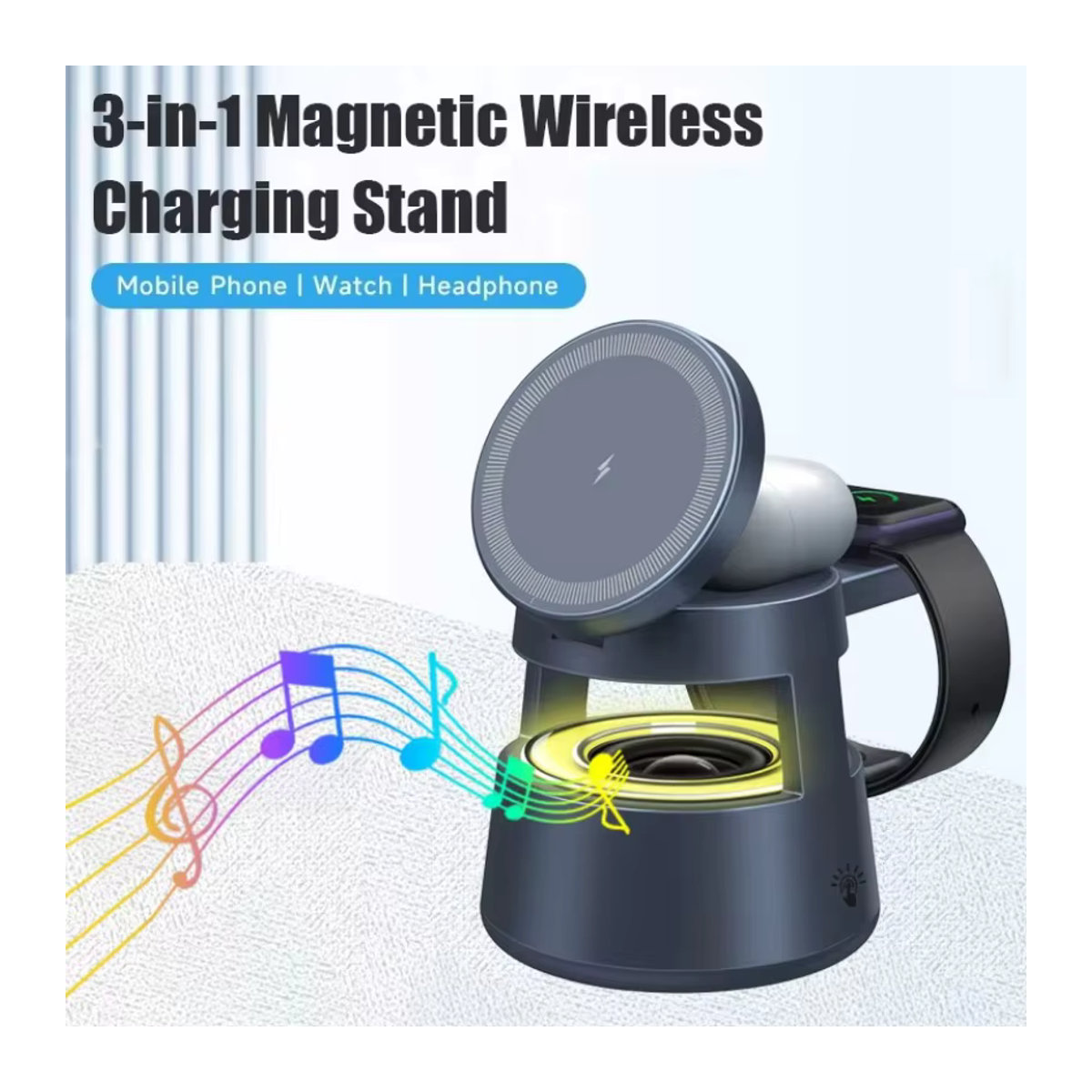 Opansten 5-in-1 Magnetisches Nachtlicht in Schwarz mit Bluetooth-Lautsprecher und kabellosem Ladegerät für iPhone, Apple Watch und AirPods im minimalistischen Zylinder-Design - Bild 2