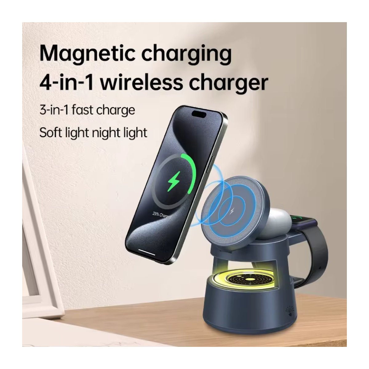 Opansten 5-in-1 Magnetisches Nachtlicht in Schwarz mit Bluetooth-Lautsprecher und kabellosem Ladegerät für iPhone, Apple Watch und AirPods im minimalistischen Zylinder-Design - Bild 3