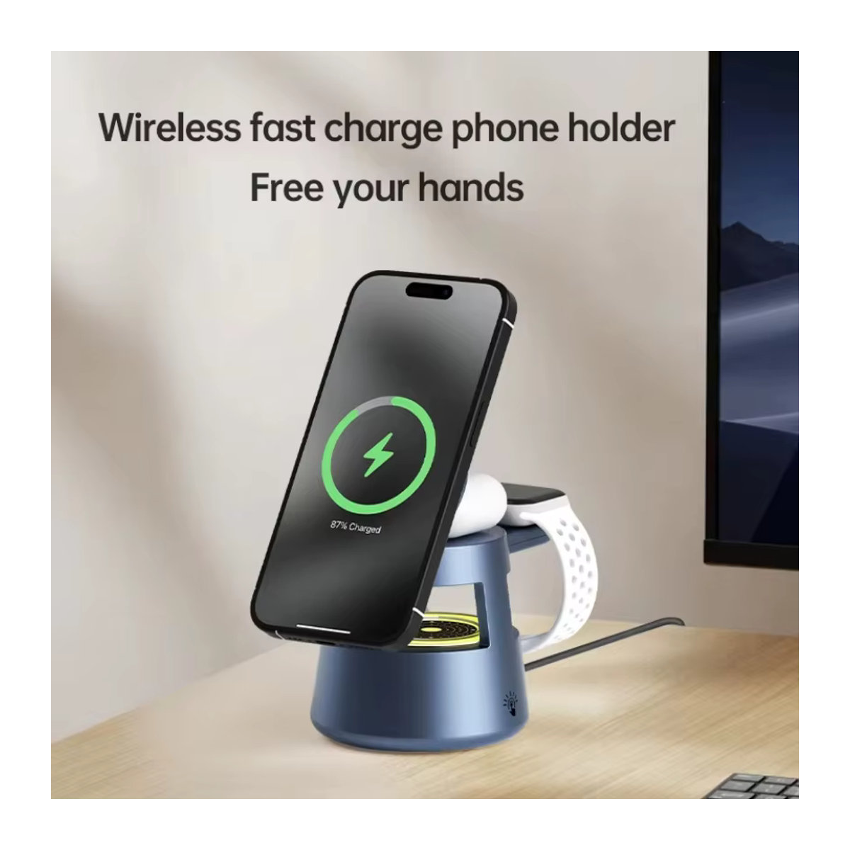 Opansten 5-in-1 Magnetisches Nachtlicht in Schwarz mit Bluetooth-Lautsprecher und kabellosem Ladegerät für iPhone, Apple Watch und AirPods im minimalistischen Zylinder-Design - Bild 4