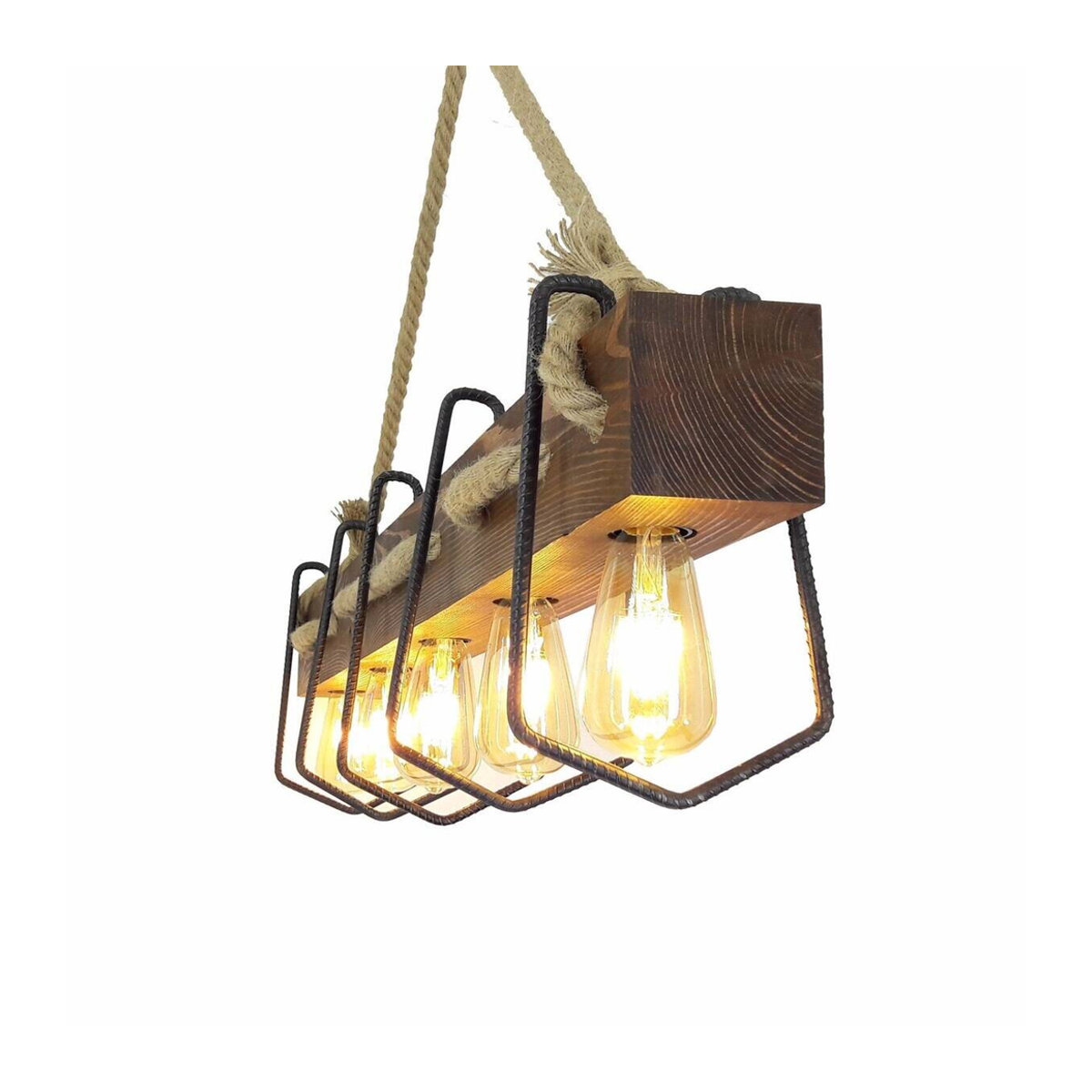 Opviq Pendelleuchte Kiefer in Nussbaum Braun im Industrial Landhaus Stil mit 5 E27 Fassungen B/H/T/L: 100 x 72 x 16 x 100 cm - Bild 2