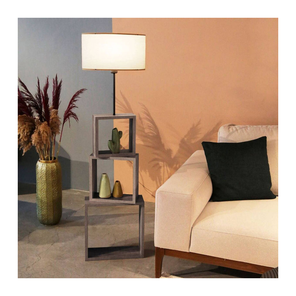 Opviq Stehleuchte Modern in Beige aus Holz und Stoff mit E27 Fassung, B/T/H: 37 x 37 x 140 cm - Bild 3