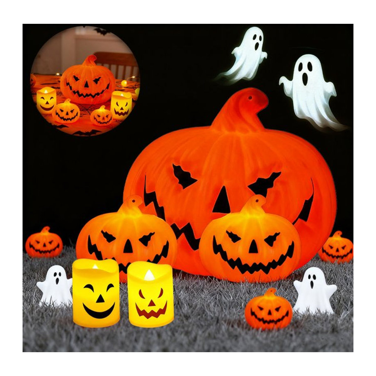 Orangefarbene Halloween LED-Kerzenlampe als atmosphärische Dekoration und Party-Zubehör für Spukhaus-Horror-Szenarien und Outdoor-Laternen-Requisiten - Bild 1