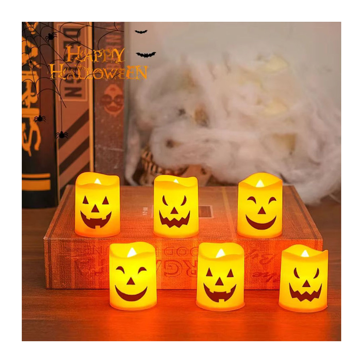 Orangefarbene Halloween LED-Kerzenlampe als atmosphärische Dekoration und Party-Zubehör für Spukhaus-Horror-Szenarien und Outdoor-Laternen-Requisiten - Bild 5