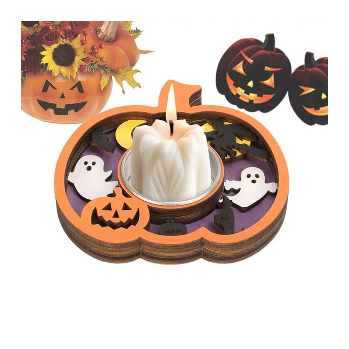 Orangefarbener Halloween-Kerzenhalter aus Holz für Stumpenkerzen als Tischdekoration - Bild 1