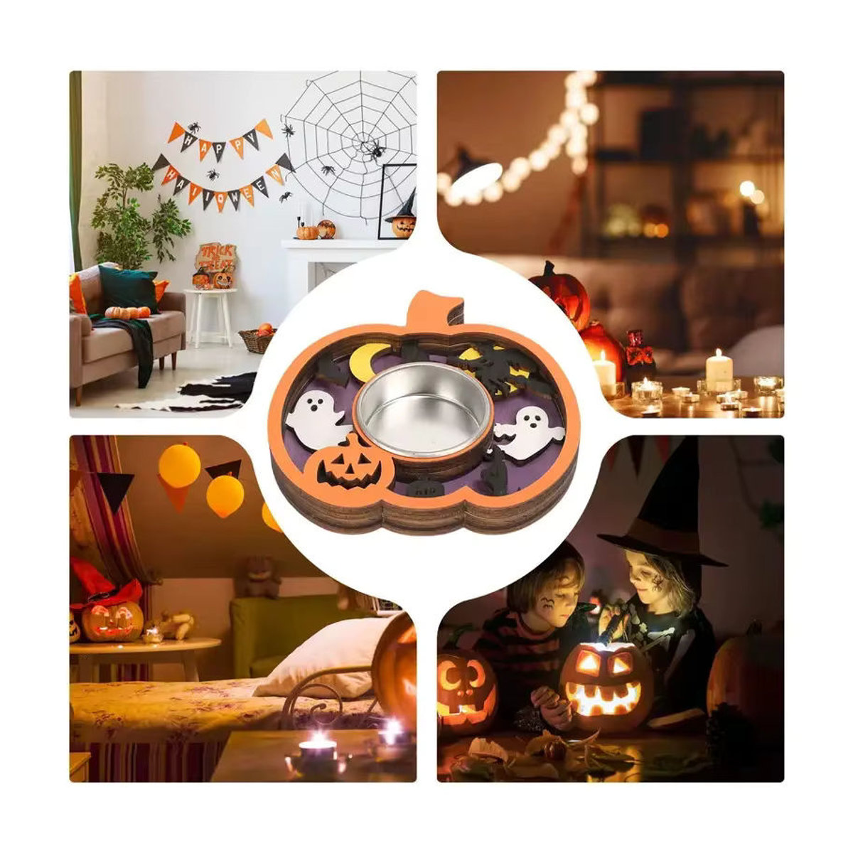 Orangefarbener Halloween-Kerzenhalter aus Holz für Stumpenkerzen als Tischdekoration - Bild 3