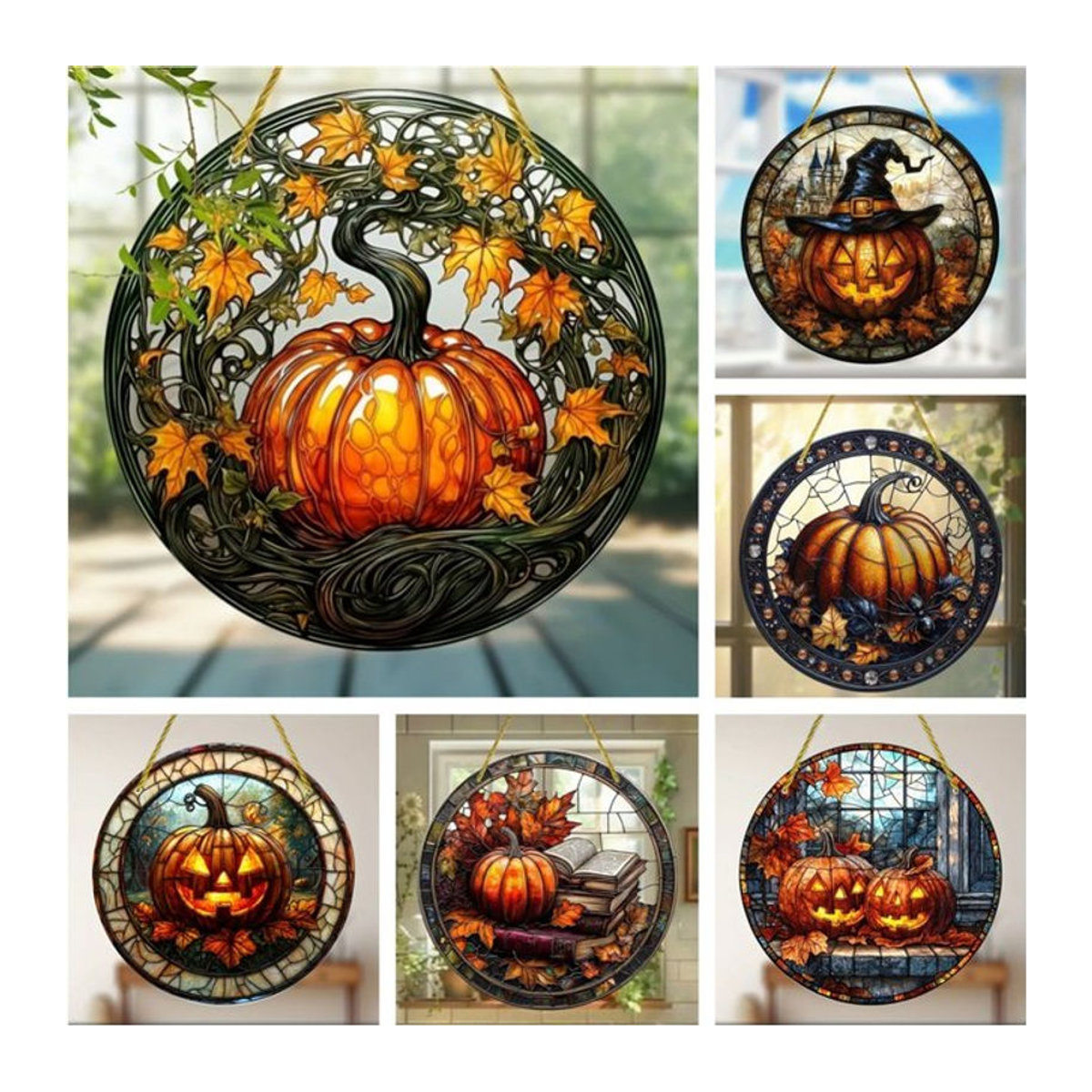 Orangefarbenes Halloween-Kürbis-Rundschild aus Acryl als hängende Dekoration für Fenster und Innenräume - Bild 1