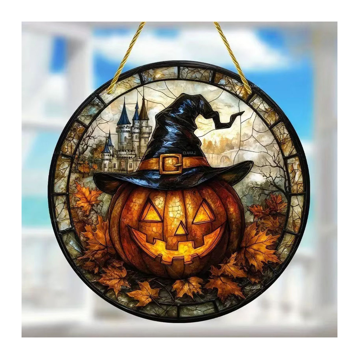 Orangefarbenes Halloween-Kürbis-Rundschild aus Acryl als hängende Dekoration für Fenster und Innenräume - Bild 3