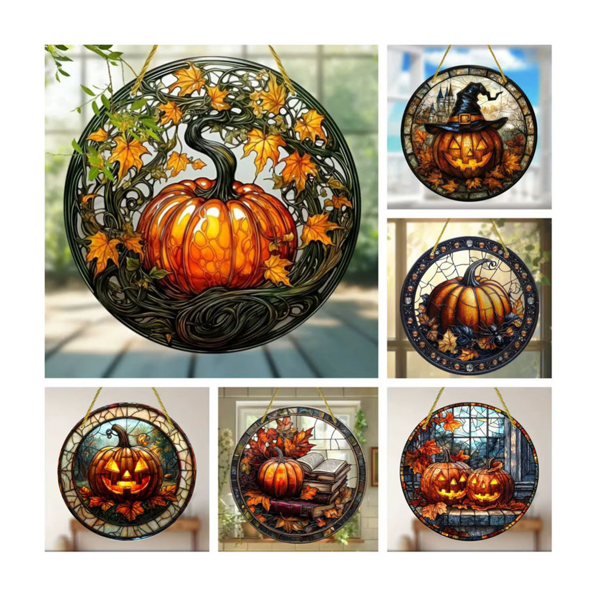 Orangefarbenes Halloween-Kürbis-Rundschild aus Acryl als hängende Dekoration für Fenster und Innenräume - Bild 4