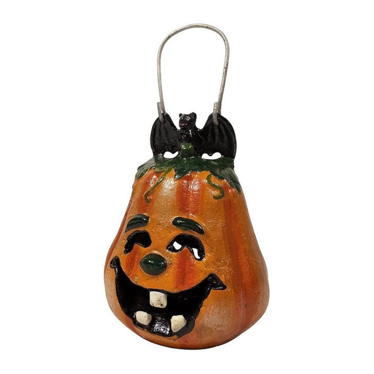 Orangefarbenes Kürbis Windlicht aus Metall und Kunstharz als Halloween und Herbstdeko für Teelichter - Bild 1