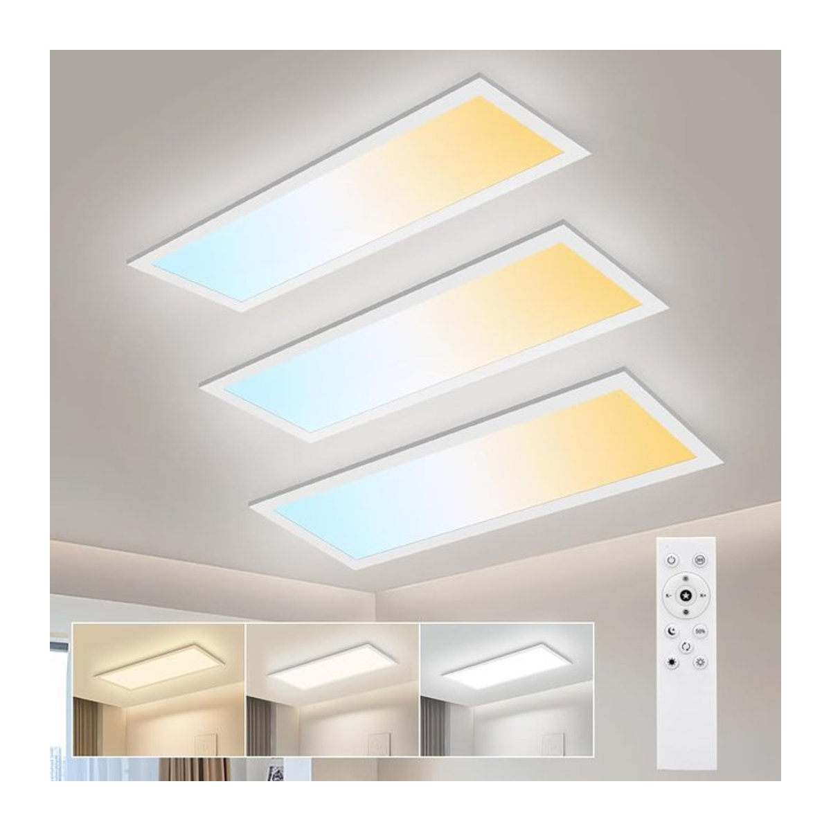 Oraymin 3er Set LED-Deckenleuchten dimmbar mit Fernbedienung Weiß B/T/H: 58 x 20 cm, 24W, 2400LM, 3000K-6500K Modern Minimalistisch - Bild 1