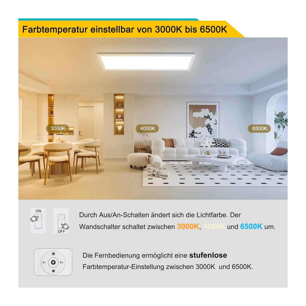 Oraymin 3er Set LED-Deckenleuchten dimmbar mit Fernbedienung Weiß B/T/H: 58 x 20 cm, 24W, 2400LM, 3000K-6500K Modern Minimalistisch - Bild 5