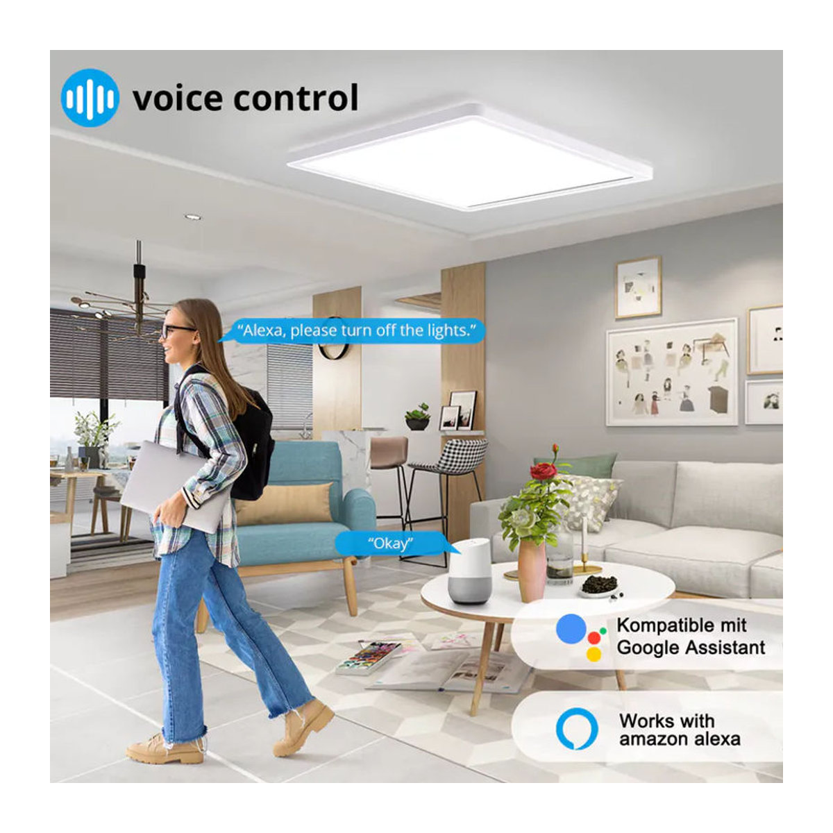 Oraymin Intelligente LED Deckenlampe mit RGB, 15 W, 1500 lm, dimmbar, Alexa-kompatibel, B/B/H: 30 x 30 x 2,5 cm, Neutralweiß und Bunt - Bild 7