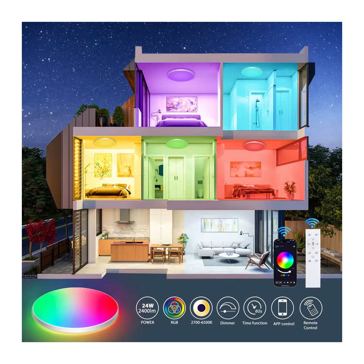 Oraymin Intelligente RGB LED-Deckenlampe 24W mit 16 Millionen Farben, Dimmbar per App und Fernbedienung, Durchmesser: 30 cm - Bild 5