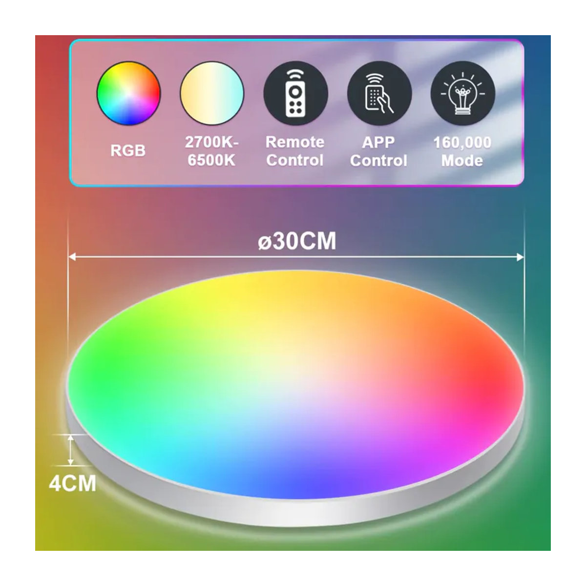 Oraymin Intelligente RGB LED-Deckenlampe 24W mit 16 Millionen Farben, Dimmbar per App und Fernbedienung, Durchmesser: 30 cm - Bild 6