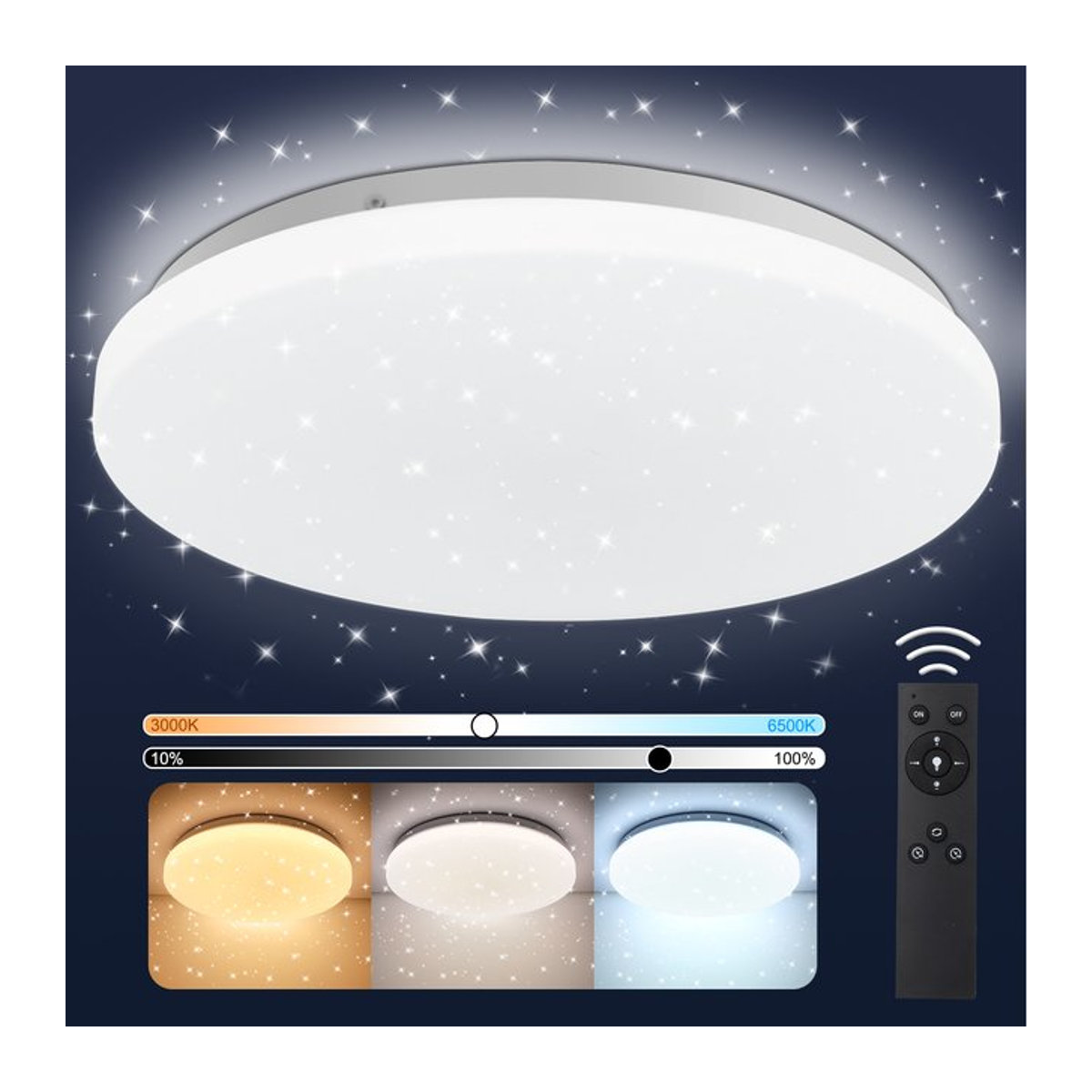Oraymin LED-Deckenleuchte Weiß, dimmbar mit Fernbedienung, 24 W, 2400 lm, rund, 28 cm Durchmesser - Bild 1