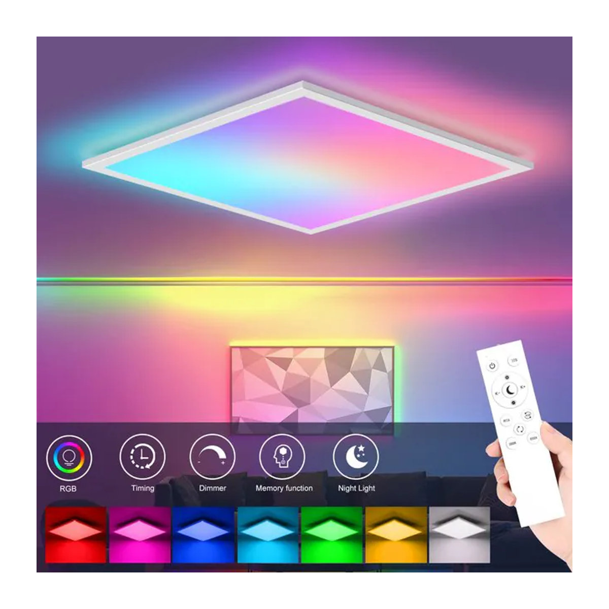 Oraymin RGB-LED-Deckenlampe, dimmbares quadratisches Deckenpaneel mit Fernbedienung, 28 W, B/B/H: 45 x 45 cm, Farbtemperatur 3000 K–6500 K, Bunt - Bild 1