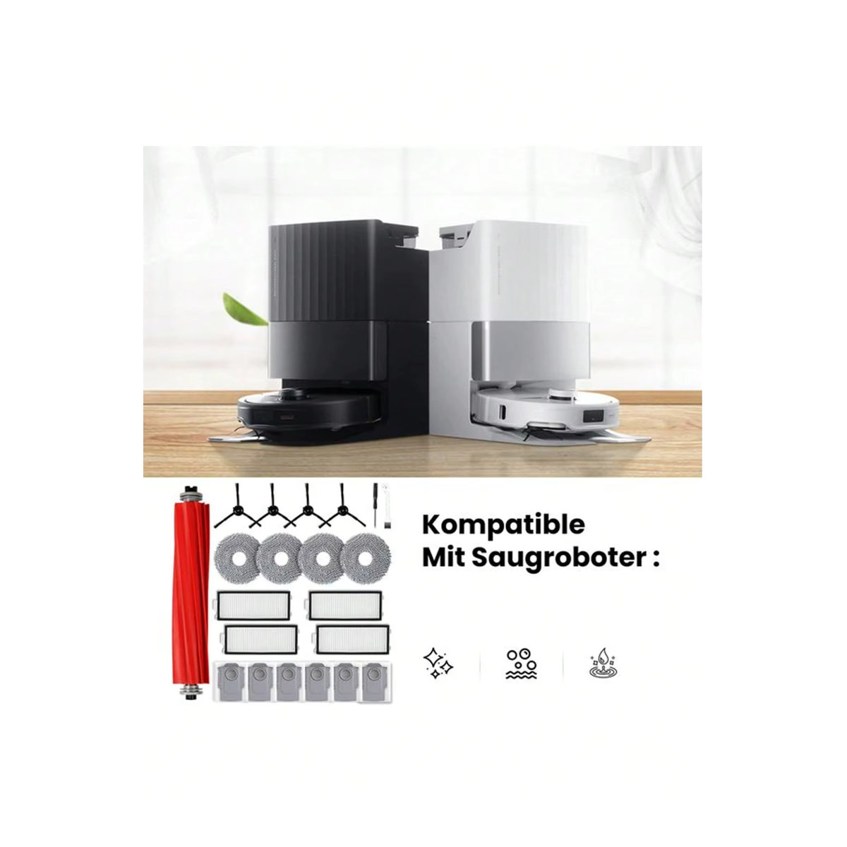 ORevo Zubehör Set für S/QRevo Pro Roboter Staubsauger mit Hauptseitenbürste, Hepa-Filter und Mopp-Lappen in Bunt - Bild 2