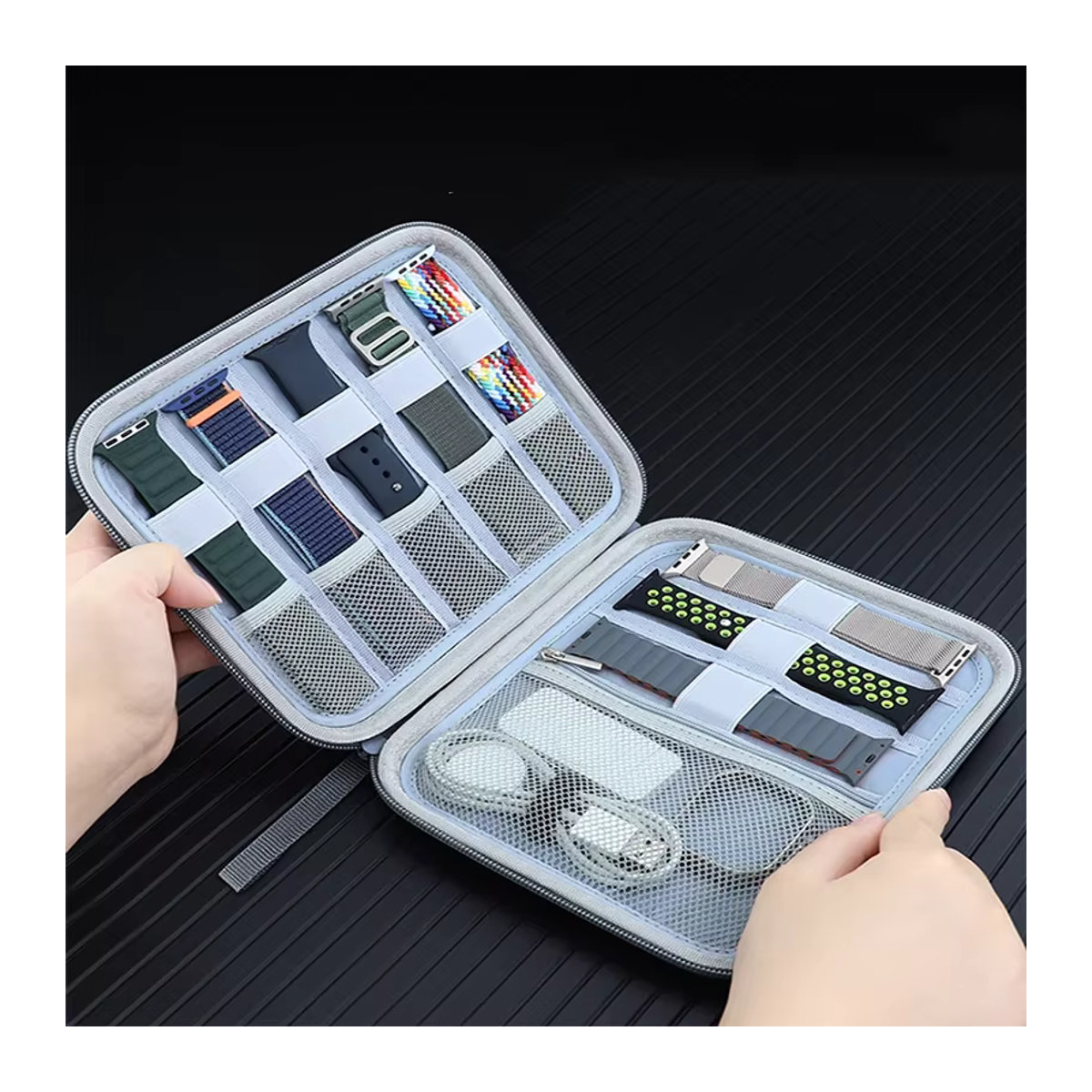 Organizer-Aufbewahrungstasche aus Stoff für Smartwatch-Armbänder und Datenkabel, Blau/Bunt, Minimalistisches Design - Bild 2