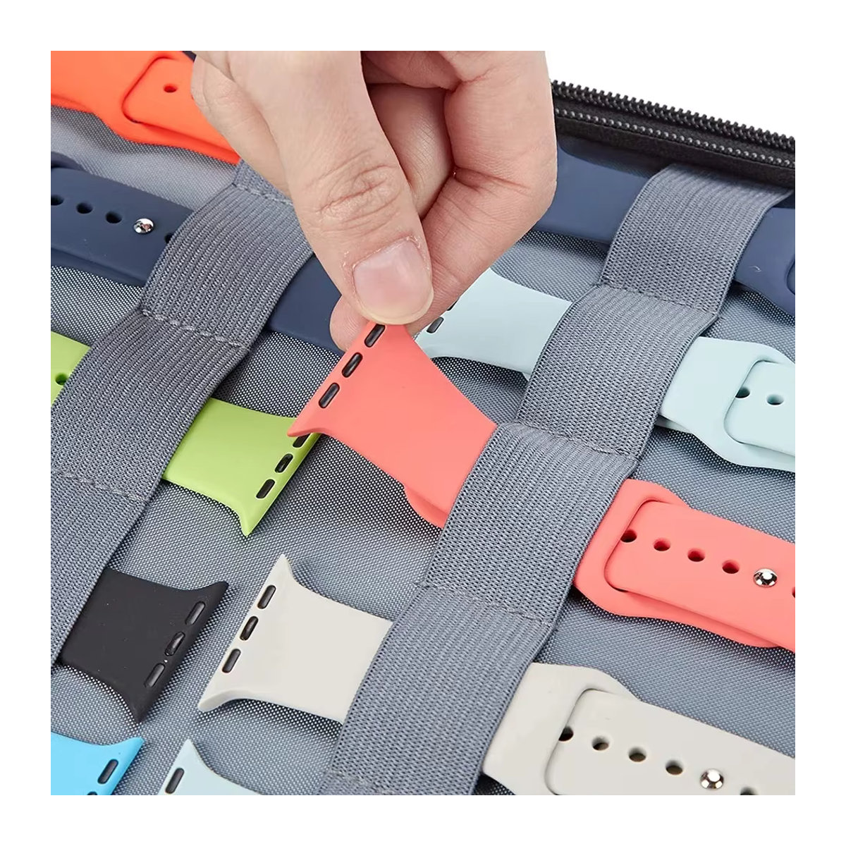 Organizer-Aufbewahrungstasche aus Stoff für Smartwatch-Armbänder und Datenkabel, Blau/Bunt, Minimalistisches Design - Bild 5
