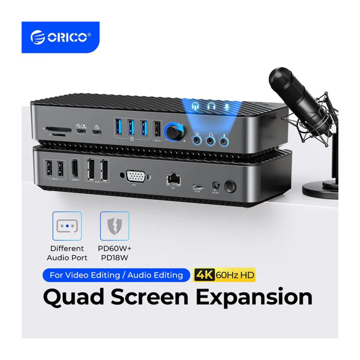 ORICO USB C Dockingstation 20 in 1 Multihub mit 4K60Hz DP HDMI, RJ45, PD und 5 Gbit/s USB-Anschlüssen in Schwarz - Bild 1