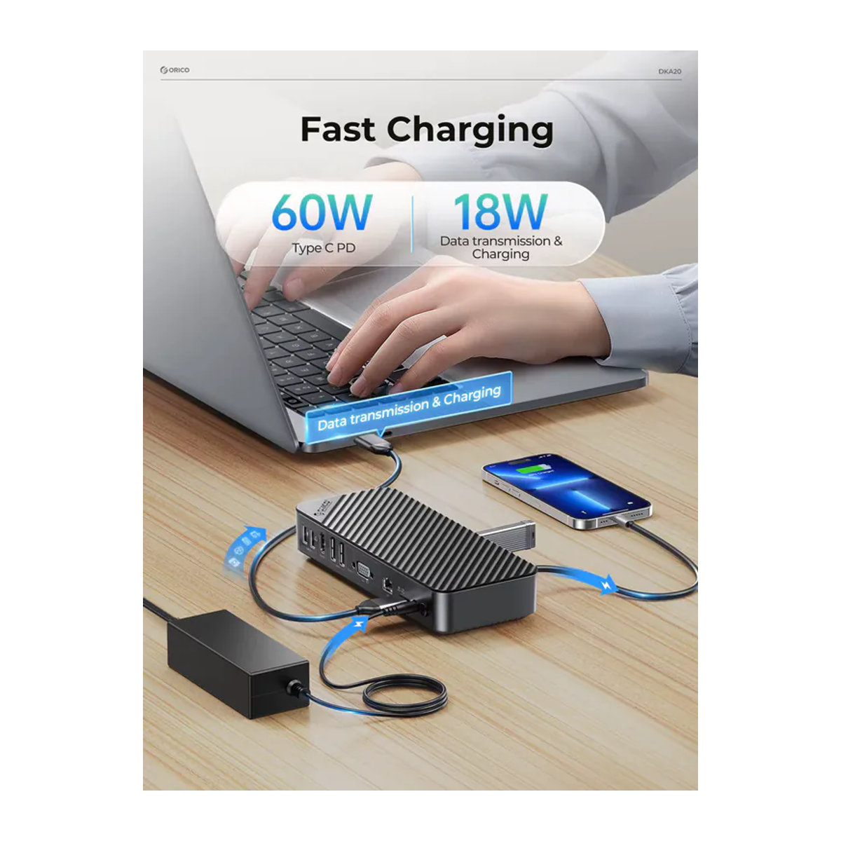 ORICO USB C Dockingstation 20 in 1 Multihub mit 4K60Hz DP HDMI, RJ45, PD und 5 Gbit/s USB-Anschlüssen in Schwarz - Bild 5