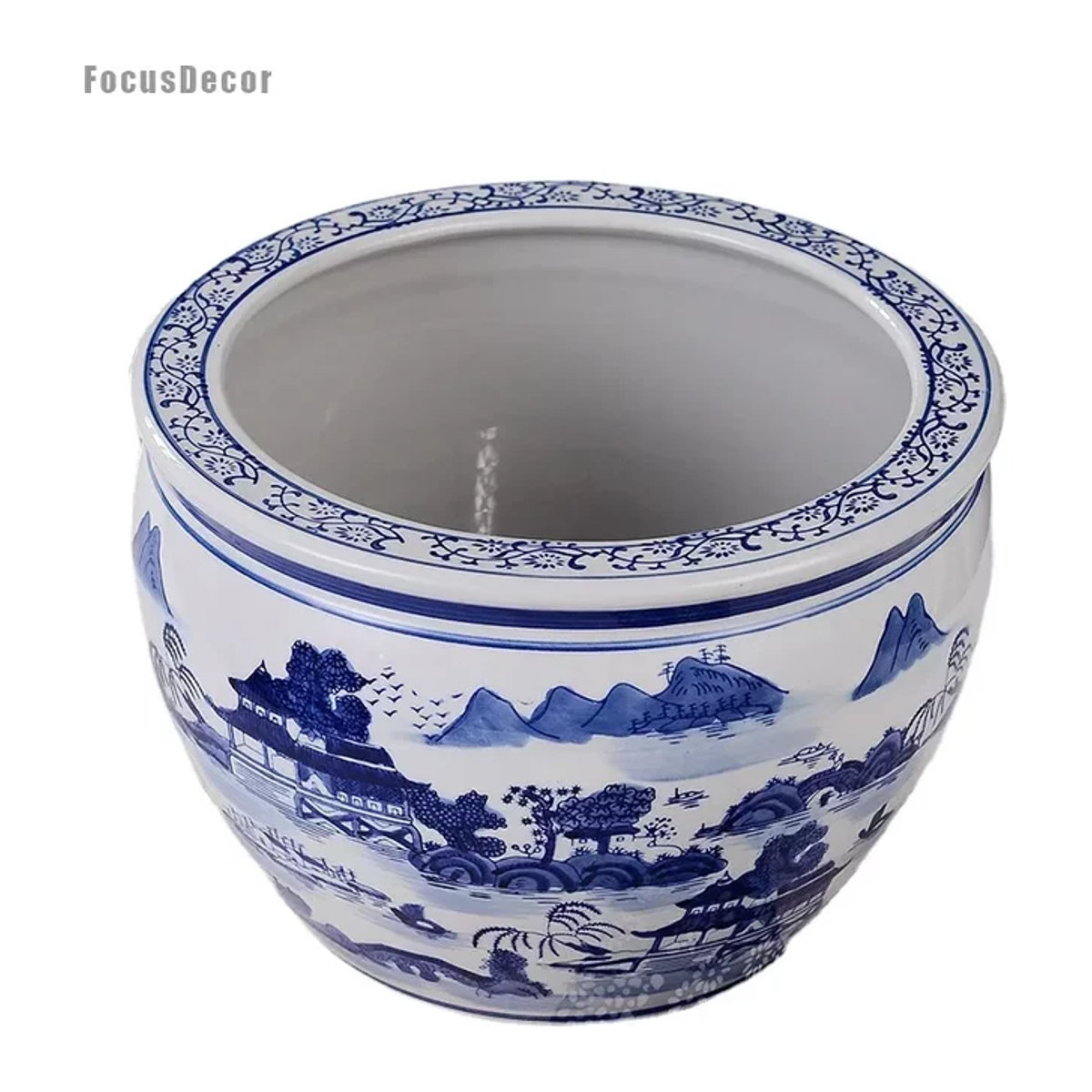 Orientalischer Keramikpflanzer in Blau und Weiß mit Berg-Landschaftsmotiv aus Porzellan - Bild 1